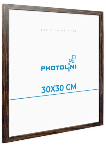 PHOTOLINI Bilderrahmen 30x30 Eiche Dunkel aus MDF-Holz Poster-Bilderrahmen quadratisch 30x30, bruchsicheres Acrylglas, zum Aufhängen, extra Zubehör - für Fotos & Poster