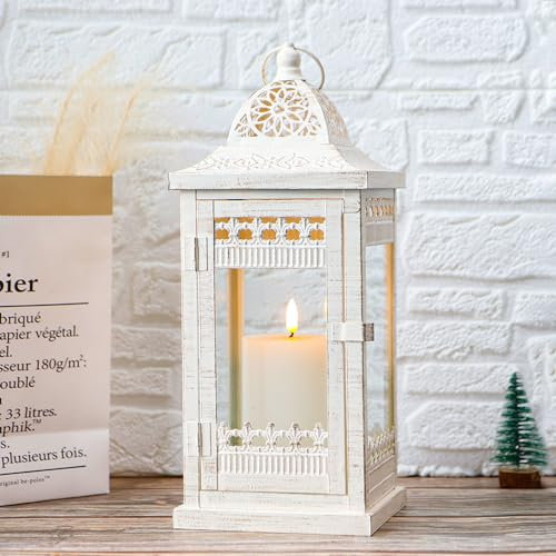 JHY DESIGN Dekorative Kerzenlaternen, 36,8 cm hoch, Vintage-Stil, Hängelaterne aus Metall, Kerzenhalter für drinnen und draußen, Veranstaltungen, Partys und Hochzeiten, Beige mit goldfarbenem Pinsel