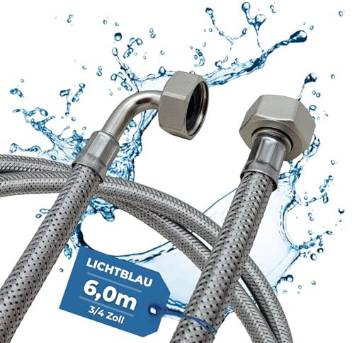 Lichtblau Knickfester Edelstahlschlauch I 6,0m I Anschluss 3/4 Zoll Waschmaschine Geschirrspüler I Panzerschlauch Winkel/Gerade inkl. Dichtung I universell verwendbar