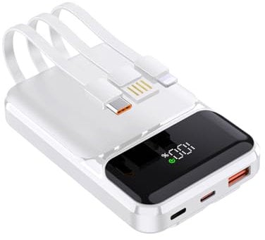 Power Bank 10000mAh PD 22.5W QC 4.0 Quick Charge USB C Outputs with Built in Fast Charging Cables Portable Charger Battery Pack Compatible with iPhone Samsung Google Pixel LG (White)