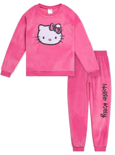 Hello Kitty Girls Velour Off Shoulder Sweatshirt & Sweatpants Outfit Set Toddler to Big Kids Sizes (2T-14-16), pink, 2 Years