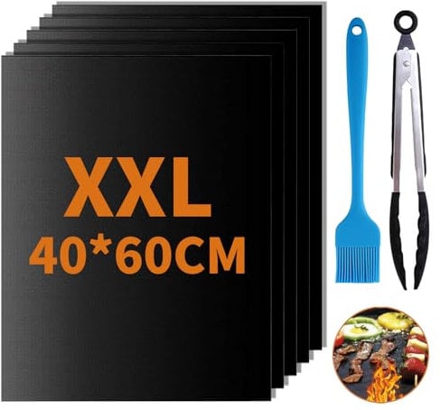 GROFIS 5er Set BBQ Grillmatte für Gasgrill, 60x40cm Antihaft Grillmatten aus Teflon, Backmatte Backpapier Wiederverwendbar, Grillplatte mit Pinsel & Clip, Zuschneidbar Dauerbackfolie für Holzkohle