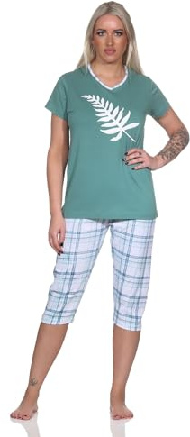 Normann Eleganter Damen Capri Pyjama mit Karierter ¾ Hose und Frontprint