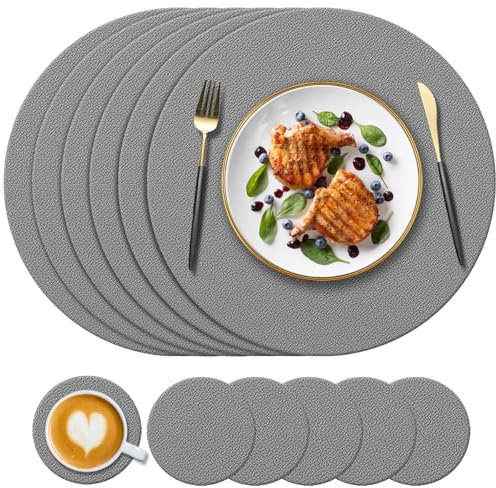 KERYCHIN 6 Round Silicone Place Mats + 6 Coasters Set, Heat-Resistant 450 °F Placemats, Non-Slip and Washable, Table Mats for Home, Hotel, Dining Table, Indoor, Outdoor, Dark Grey