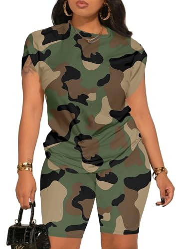 Aomice Women's Summer 2 Piece Outfits Tracksuits Biker Short Workout Jogger Sets Camouflage L