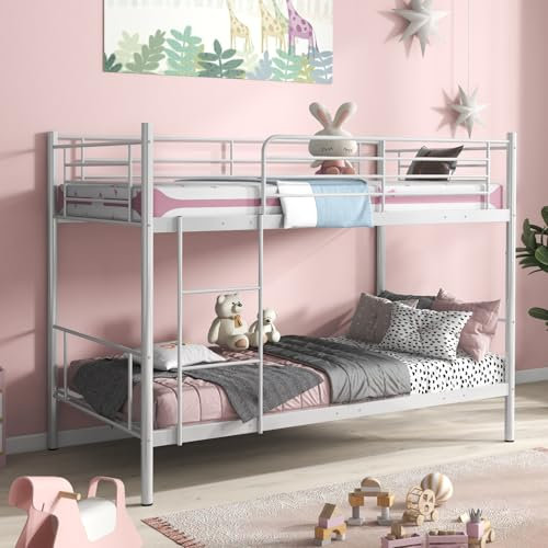HOMFME Metal Bunk Bed, 3FT Twin over Twin Bed Frame with Step Ladder and Full-Length Guardrails, Space Saving Heavy Duty Dorm Single Loft Bed Frame for Kids Youths Adults (White)