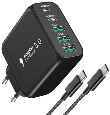 Chargeur USB Multiport, Chargeur USB C 55W à 5 Ports avec Câble 2M, Adaptateur d’Alimentation Type C, Portable USB C pour iPhone 15/14/13/12 Pro Max, pour Switch/Air, iPad, Galaxy, Tablette(Blanc)