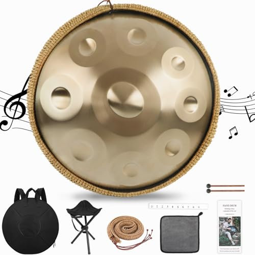BIILOYY Handpan Drum 432HZ, 18 Zoll G Moll Steel Tongue Drum Gold Zungentrommel Hand Pan Instrument mit Drumsticks Trommelständer Handtasche