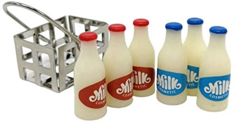 HoveeLuty Miniature Milk Bottle Set with Basket - Realistic, Detailed, Aesthetically Pleasing - Silver, White, Red, Blue - Dollhouse Kitchen Accessory Set - Resin, Metal - 1:24 Scale - Adult