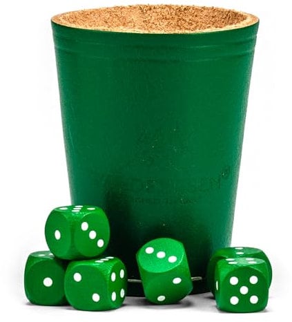 Waldfelsen® Echtleder Würfelbecher (9 cm) mit 6 Holzwürfeln (16 mm) aus Buchenholz Lederbecher Würfelset Augenwürfel Spielwürfel (Farbe: Grün)