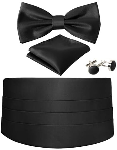 JUNMEISI Kummerbund und Fliege, Set, einfarbig, verstellbar, formell, Herren, schwarz, Kummerbund mit Fliege und Manschettenknöpfen und Einstecktüchern, Schwarz, 4-Stück Set