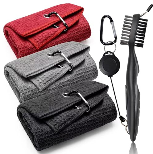 PRIDEEP Golf Towel (16X16) and Golf Club Brush Cleaning Kit,Soft & Absorbent Microfiber Waffle Pattern Towels with Carabiner Clip,for Golf Bags, Black/Grey/Red, Men & Women Gift