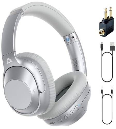 YMOO Auriculares Inalambricos Bluetooth con Cancelación Activa Ruido, Cascos Diadema con Mic para TV/PC/Viajes, 75H Plegable Headphones con 3,5mm Cable y Adaptador Avión, Hi-Res Audio, Plata