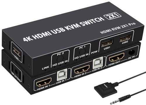 HDMI KVM Switch 2 computers 1 Monitor 4K 60Hz HDMI USB Switcher 2PCs Switching Keyboard Mouse USB HDD Shared USB 3 Output HDMI 2 Input 1 Output USB HUB Manual Selector