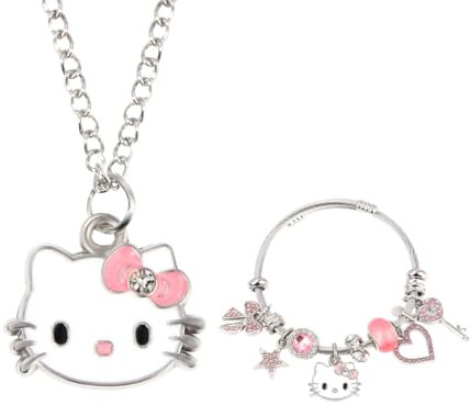Gkaopi 2 Stück Cartoon Katze Schmucksets Niedliches Katze Anhänger Kette Armbänder Damen Kawaii Bogen Kätzchen Anhänger Halskette Armband Geschenk für Mädchen und Kinder