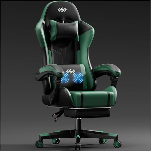 HLONONE Gaming Stuhl mit Massagefunktion, Ergonomischer Gamer Stuhl, Racing Gaming Sessel mit Fußstütze, Kopfstütze und Massage Lendenkissen, Gepolstert PC Stuhl, 150 kg Belastbarkeit, Schwarz-Grün