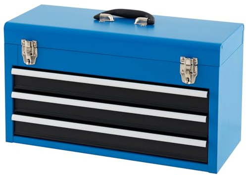 TANGZON 3 Drawer Tool Chest, Lockable Metal Tool Box with Double Latch System, Ball Bearing Slides, EVA Liners & Carrying Handle, Portable Toolbox Tool Storage Cabinet, 52 x 22 x 31cm (Blue + Black)