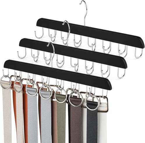 3 Stück Gürtelaufhänger, Gürtelhalter Kleiderschrank mit 14 Haken, 360° Drehbarer Stabiler Gürtelbügel, Platzsparender Gürtel Aufbewahrung für Krawatten, Gürtel, Schals, Tücher, Tanktops