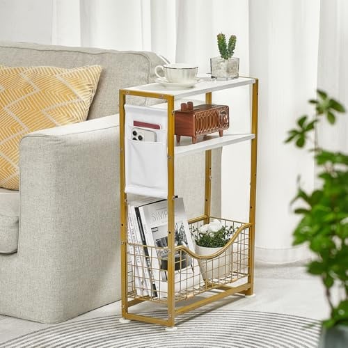 ZEXVIDA Narrow Side Table, 3-Tier Slim End Table with Magazine Holder and Fabric Storage, Modern Sofa Thin Skinny Bedside Table Nightstand for Small Spaces, Living Room, Bedroom (White Gold)