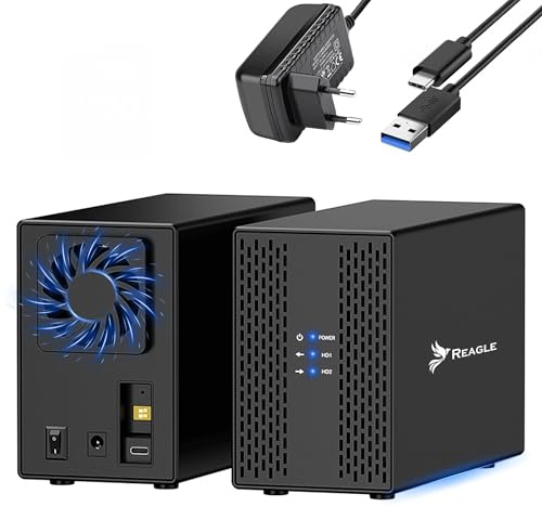 REAGLE Festplattengehäuse RAID JBOD PM 2,5 Zoll 2X 3.5 Zoll, SATA III USB 3.2 HDD-Gehäuse SSD III, 40TB, UASP und Trim Unterstützen, 12 V/ 3A 36W Netzteil, Festplatte Gehäuse