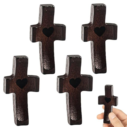 4 Stück Holzkreuze, Handschmeichler Kreuz, Handgehaltenes Schutzkreuz aus Holz, Tragbares Gebetskreuz, Jesus-Kreuz aus Holz in Herzform Ermutigungsgeschenk Für Andachtsgebete Taufe Kommunion