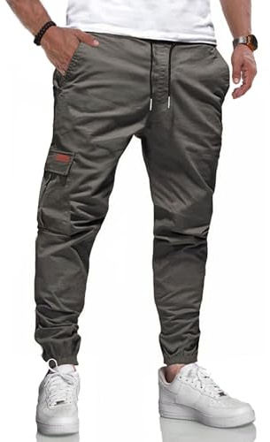 LIUPMWE Pantalones de Trabajo Hombre Casuales Deportivo Elásticos Pantalón Jogging Hombre Algodón Slim Fit con Bolsillos Cargo Pants con Cordón