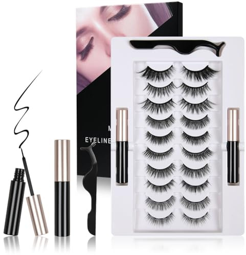 LOPHE Magnetische Wimpern, 10 Paare Falsche Magnet Wimpern Extensions mit Eyeliner und Wimpernclip, 3D Magnet Eyelashes Set Lange Flauschige Lashes für Makeup Cosplay, A