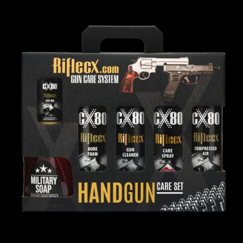 RifleCX - Waffenreinigungsset - Komplettes Set zur Pflege der Handfeuerwaffen - mit Reiniger, Öl, Schmiermittel, 1 x Schutzbrille und 10 x Handschuhe - für Schießsport