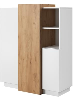 Masseno Kommode TRES 110 cm, Sideboard mit 3 Türen, für Wohnzimmer, Schlafzimmer, Modern 110x45x134 cm, Weiß/Orange