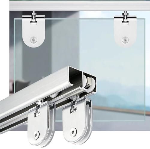 Kit Binario per Porta Scorrevole Doppia in Vetro Senza Telaio, Kit di Ferramenta per Porte Scorrevoli a Scomparsa con Binario in Alluminio per Impieghi Gravosi