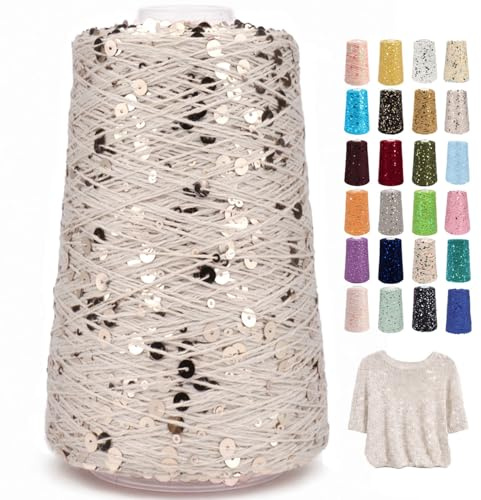 Pailletten Beilaufgarn Glitzergarn 250g 1010m, 100% Baumwolle Strickgarn & Häkelgarn, Handstrickgarn mit 3mm + 6mm Pailletten für Schals Mützen Taschen DIY Mode & Accessoires