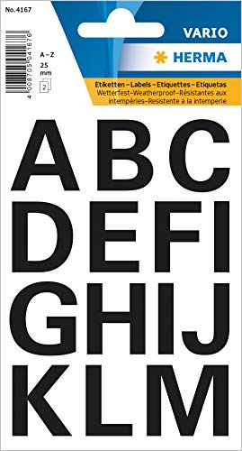 HERMA Buchstaben Aufkleber Schwarz, 30 Stück, Schriftgröße 25 mm, selbstklebend, wasserfest, wetterfest, groß, Alphabet Sticker Klebebuchstaben A-Z aus Folie zum Aufkleben, transparent