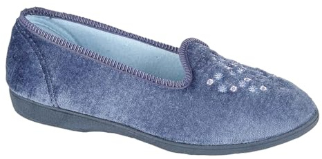 Sleepers Womens Nieta Embroidered Machine Washable Memory Foam Comfort Slippers Womens Comfort Slippers Ladies Slip On Slippers Blueberry 4 UK