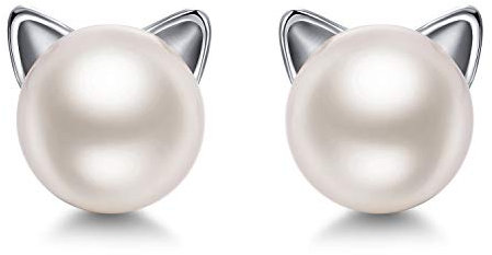 Jiamiaoi Katzen Ohrringe Damen Mädchen Ohrstecker Katze Perlenohrringe Silber 925 Katzen Geschenk Schmuck für Katzenliebhaber, Silber Ohrringe Stecker Kinder