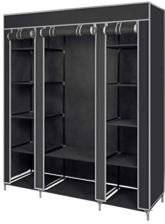 Mondeer Canvas Wardrobe Cupboard Clothes Hanging Rail Storage Shelves, Storage Organiser for Bedroom, Portable Wardrobe for Hanging Clothes, Black