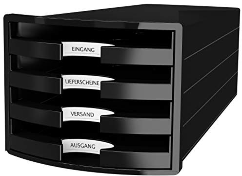 HAN Schubladenbox IMPULS 2.0 mit 4 offenen Schubladen für DIN A4/C4 inkl. Beschriftungsschilder, Auszugsperre, möbelschonende Gummifüße, Design in premium Qualität, 1013-13, schwarz