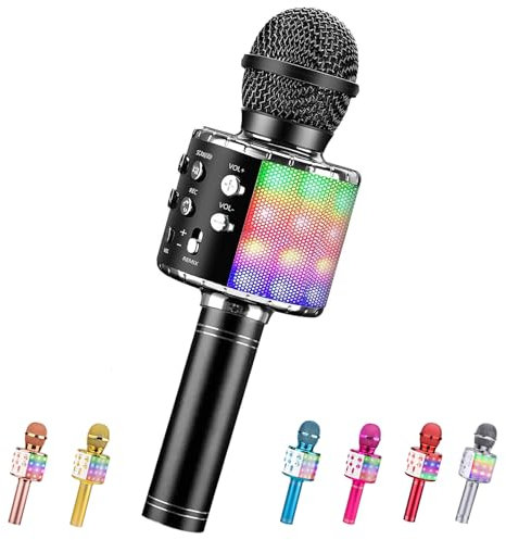 ShinePick Microfono Inalámbrico Karaoke, Micrófono Karaoke Bluetooth Portátil con Altavoz y LED para Niños Canta Partido Musica, Compatible con Android/iOS PC, AUX o Teléfono Inteligente (Negro)