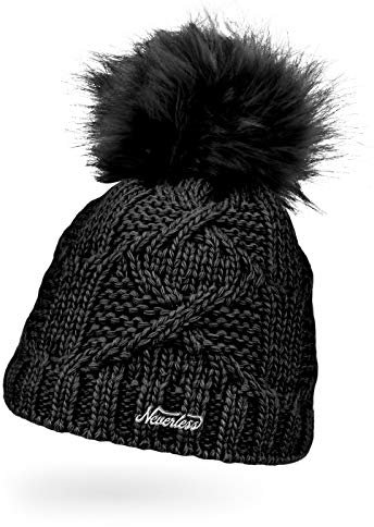 Neverless® Damen Strick-Mütze gefüttert Fleecefutter Fell-Bommel Kunstfell Winter-Mütze Zopfstrick Bommelmütze schwarz Unisize