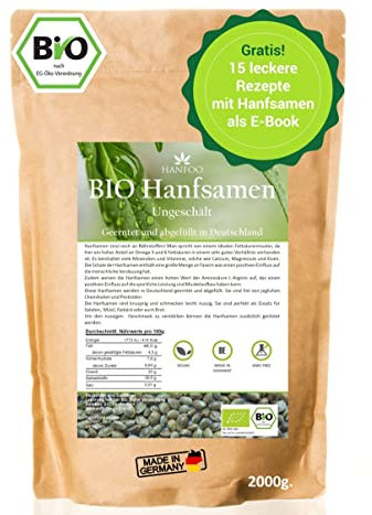 BIO Hanfsamen ungeschält 2kg aus Deutschland vom deutschen Biofeld + digitales Rezeptbuch