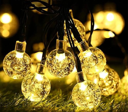 BrizLabs Solar Lichterkette Aussen 60 LED Warmweiß Kristall Kugeln Lichterkette 13.8M 8 Modi Wasserdicht Solarbetriebene Weihnachtsbeleuchtung Innen für Garten Terrasse Bäume Hof Haus Partys