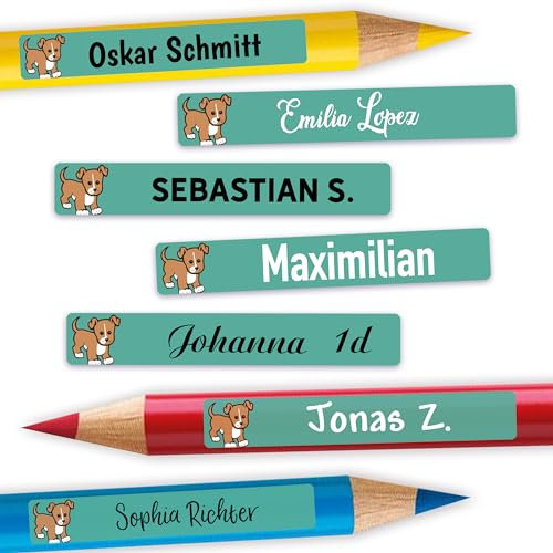 Sunnywall® Stifteaufkleber Hund Namensaufkleber Kinder Schule 72 Stück Aufkleber für Stifte Namensetiketten Etiketten | schmale 49x7,5mm Kita Schulanfang