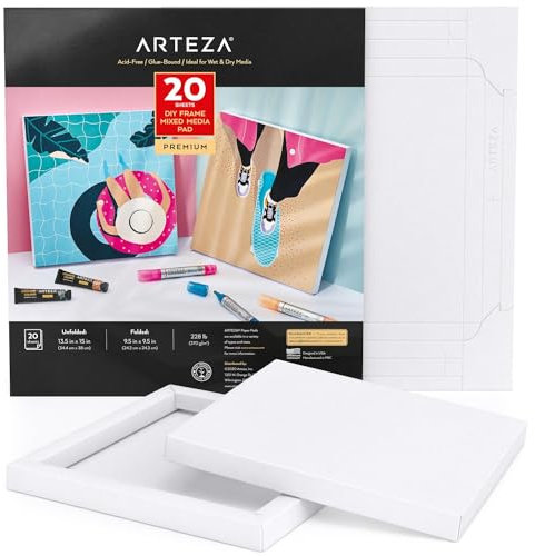 Arteza Faltbarer Mixed Media Papier Leinwandblock, 24.2 x 24.2 cm, 20 Blatt, DIY-Rahmen, schweres Künstler Papier, 370 g/m², säurefrei, Art Block für Malerei und Kunst mit Mischtechniken