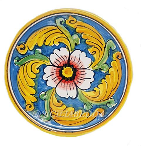 sicilia bedda - PIATTO IN CERAMICA SICILIANA con Decorazioni Maioliche - Articolo di Classe Dipinto a Mano (Maioliche Blu con Fiore, Diametro 15 CM)