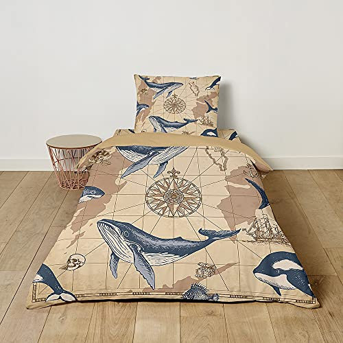 Morbuy Kinderbettwäsche Set mit Wal Muster - Kinderbettwäsche-Set Babybettwäsche für Mädchen Junge - Mikrofaser Bettbezüge Kissenbezug 2 teilig (100x135cm+40x60cm,Nautischer Wal)
