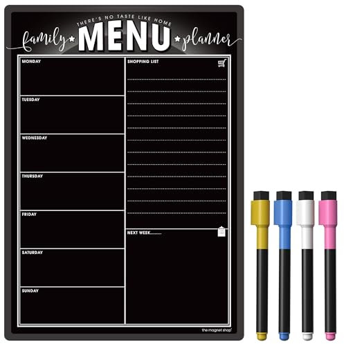 TMS Weekly Family Menu Planner A4 | Dry Erase Meal Planner, Black Board and Shopping List for Your Home, Kitchen, Fridge | with 4 Liquid Chalk Pens (Chalkboard Black, A4)