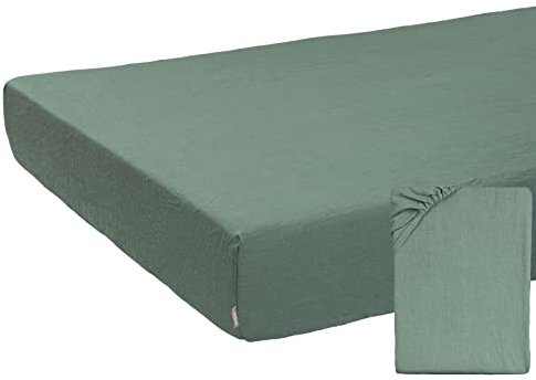 beties Leinen Spannbettlaken ca. 90x200 cm 100% Leinen Stone-Washed Spannbettlaken Steghöhe 25 cm (Natural-Mint)