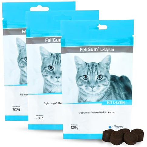 Alfavet FeliGum L-Lysin, 3er-Pack, bei Katzenschnupfen, Ergänzungsfuttermittel für Katzen, 3 x 120 g Beutel, 3 x ca 60 Kaudrops