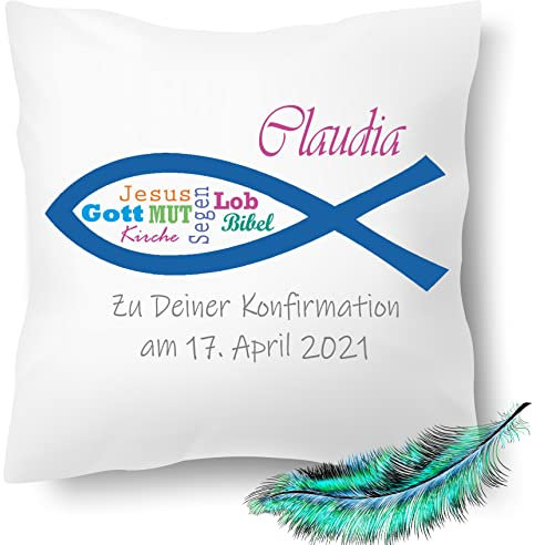 Konfirmation Geschenk, bedrucktes Kissen personalisiert mit Namen und Datum | Kirchliches Fisch Symbole |Geschenk Idee,Dekokissen | Kuschelkissen 40X40 bedruckt (mit Kissenfüllung, Einfarbig)