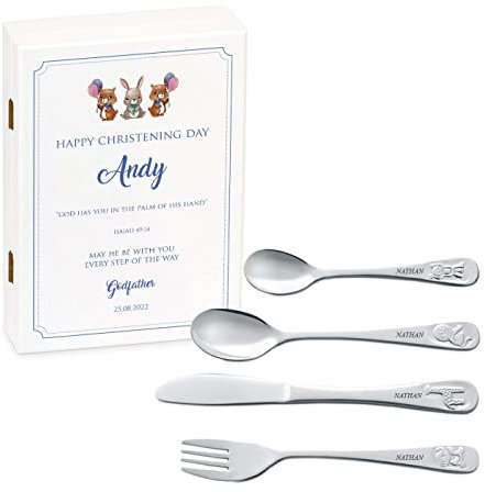MAVERTON Kids Silverware in a Wooden Box – Personalised Animals Cutlery Set – Stainless Steel Engraved Utensil Set – for Boys - Animals