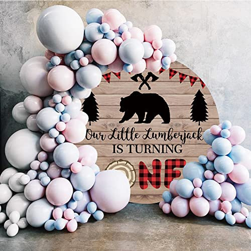 Bovlleetd 5x5ft Rustic Wood Round Backdrop One Little Lumberjack is Turning Cross Axe Bear Tree Silhouette Circle Backdrops Red Black Checkered Banner Decor for Birthday Party Decorations